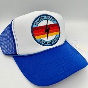 NWT Aviator Nation Bolt Trucker Hat Royal Blue / White Rock and roll logo patch